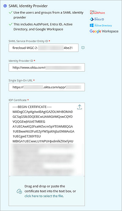 Screenshot of WGC, configure SAML Identity provider